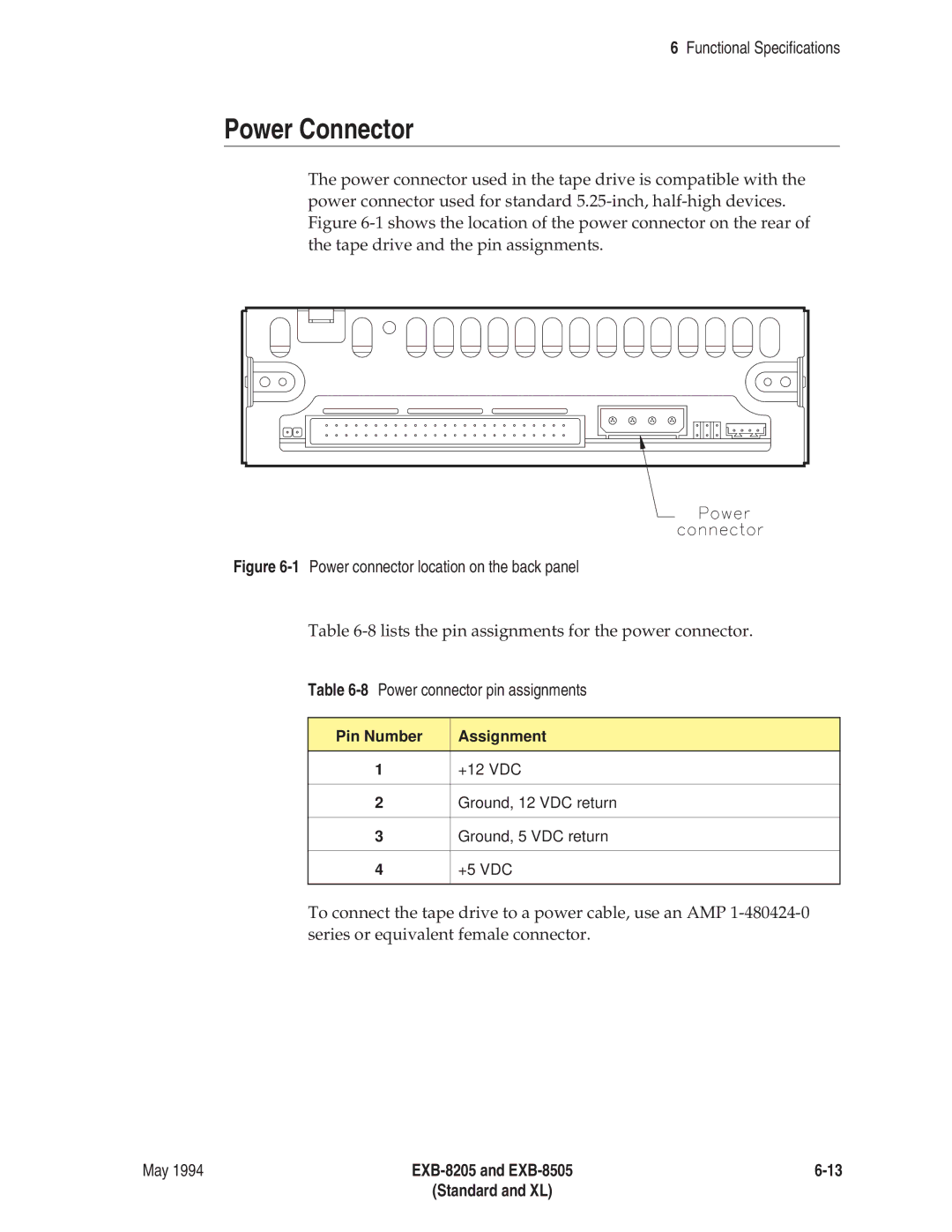 Exabyte EXB-8505 8mm manual Power Connector, 8Power connector pin assignments, Pin Number Assignment 