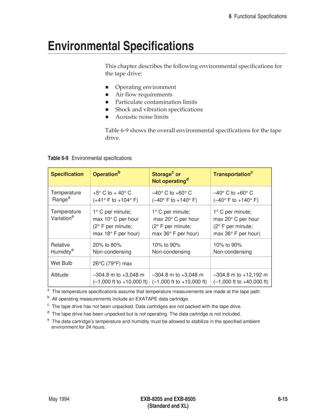 Exabyte EXB-8505 8mm manual Environmental Specifications, 9Environmental specifications 