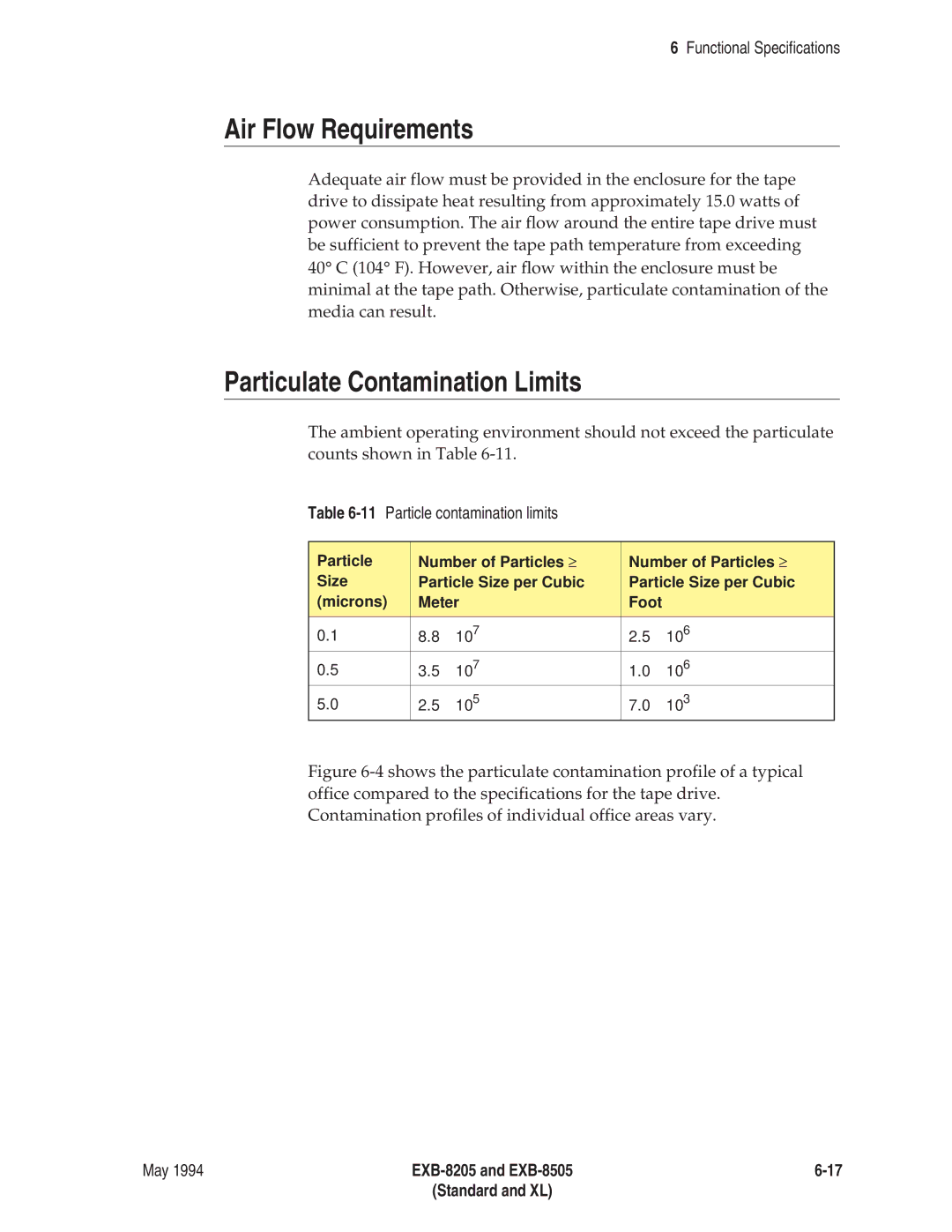 Exabyte EXB-8505 8mm manual Air Flow Requirements, Particulate Contamination Limits, 11Particle contamination limits 