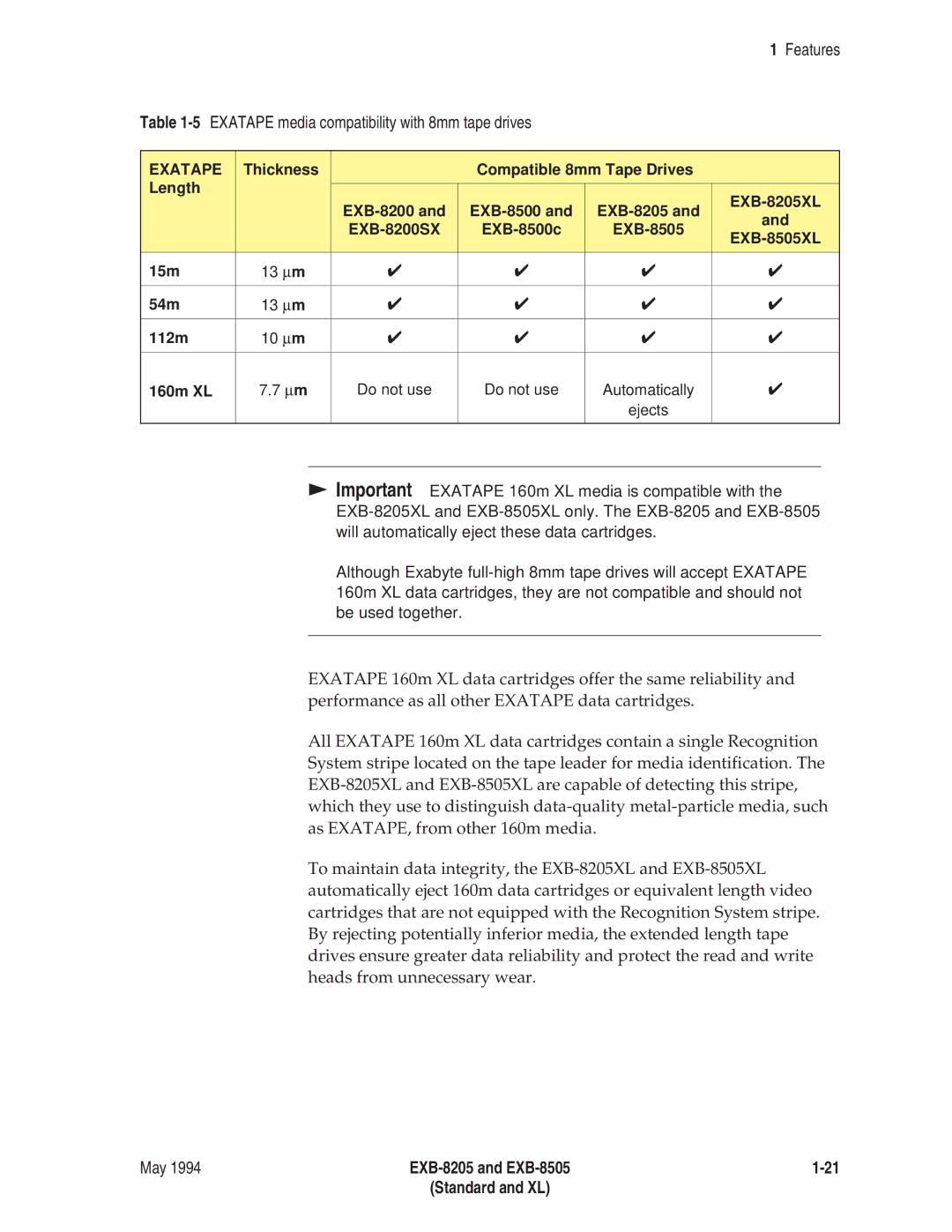 Exabyte EXB-8505 8mm manual Features 5EXATAPE media compatibility with 8mm tape drives 