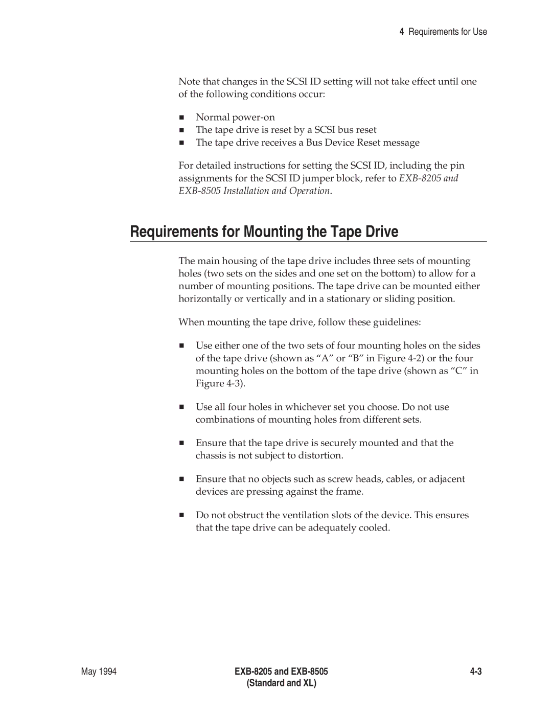 Exabyte EXB-8505 8mm manual Requirements for Mounting the Tape Drive 