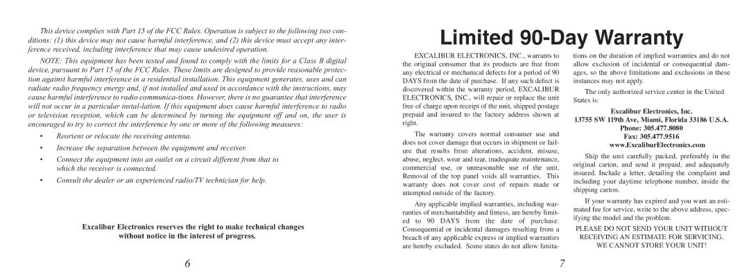 Excalibur electronic 112-SG manual Limited 90-Day Warranty 