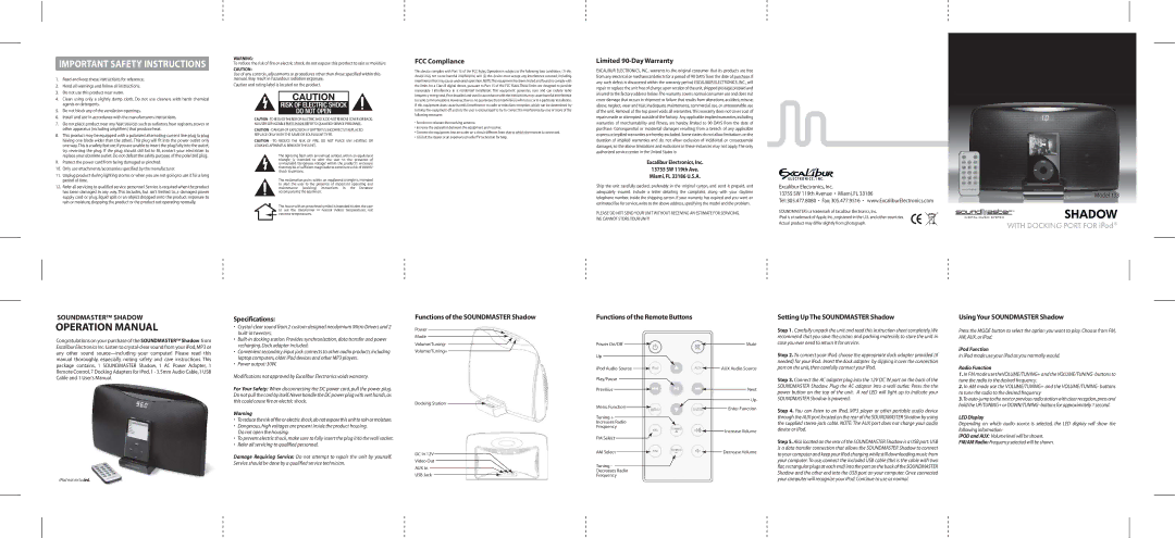 Excalibur electronic 133 operation manual FCC Compliance, Limited 90-Day Warranty, Specifications 