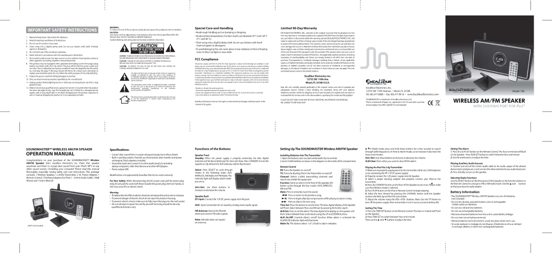 Excalibur electronic 138 operation manual Special Care and Handling, FCC Compliance, Limited 90-Day Warranty 