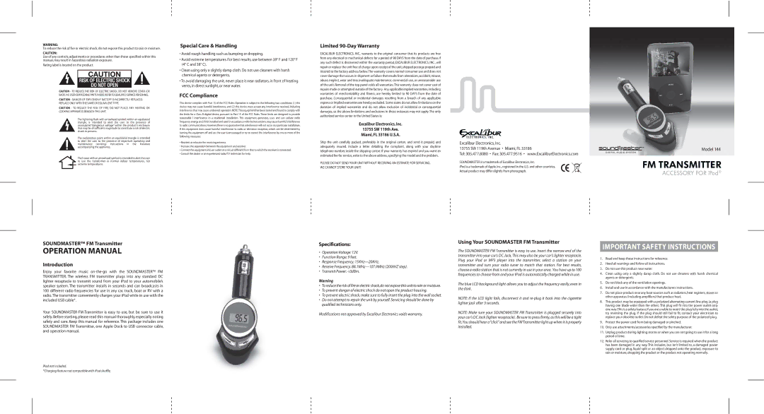 Excalibur electronic 144 specifications Special Care & Handling, FCC Compliance, Limited 90-Day Warranty, Specifications 