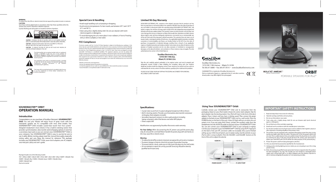 Excalibur electronic 180 specifications Special Care & Handling, FCC Compliance, Limited 90-Day Warranty, Introduction 