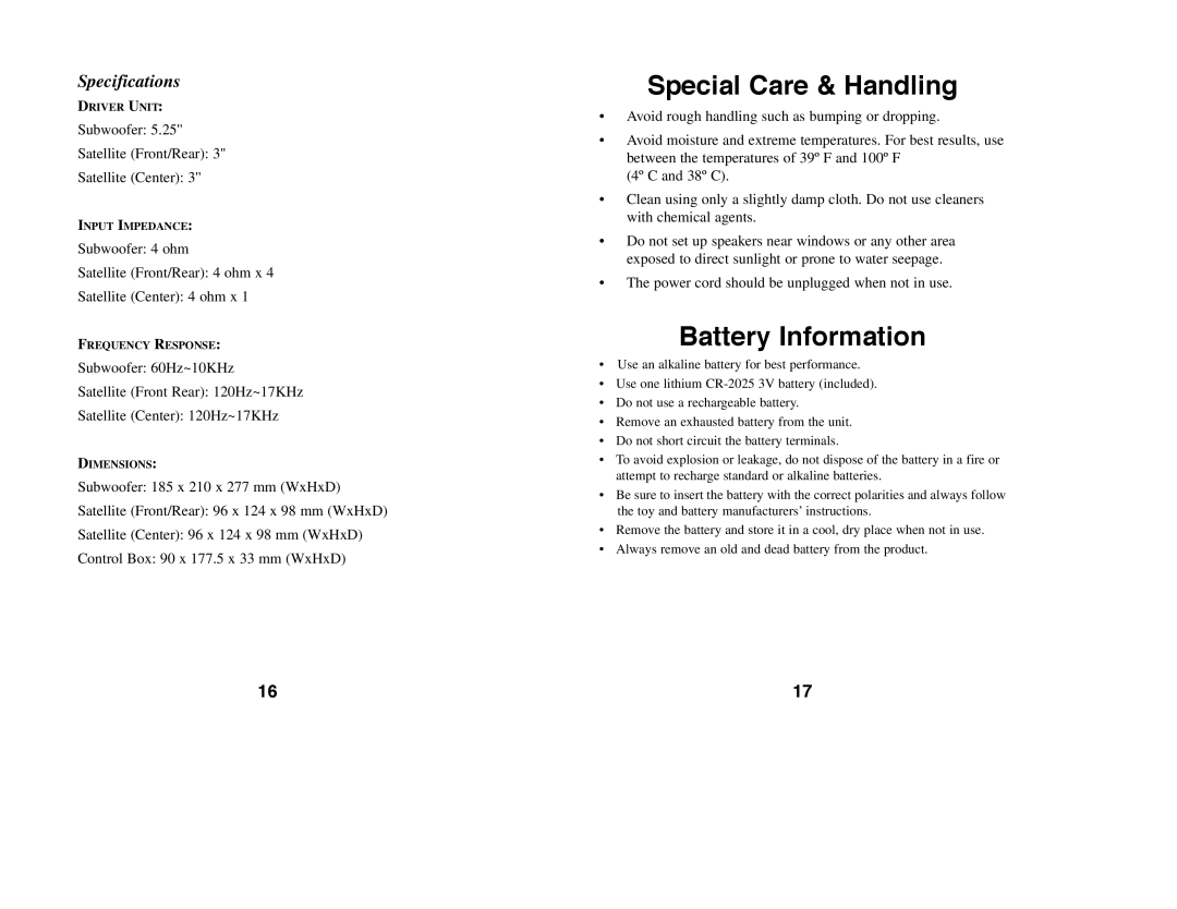 Excalibur electronic 184 manual Special Care & Handling, Battery Information, Specifications 