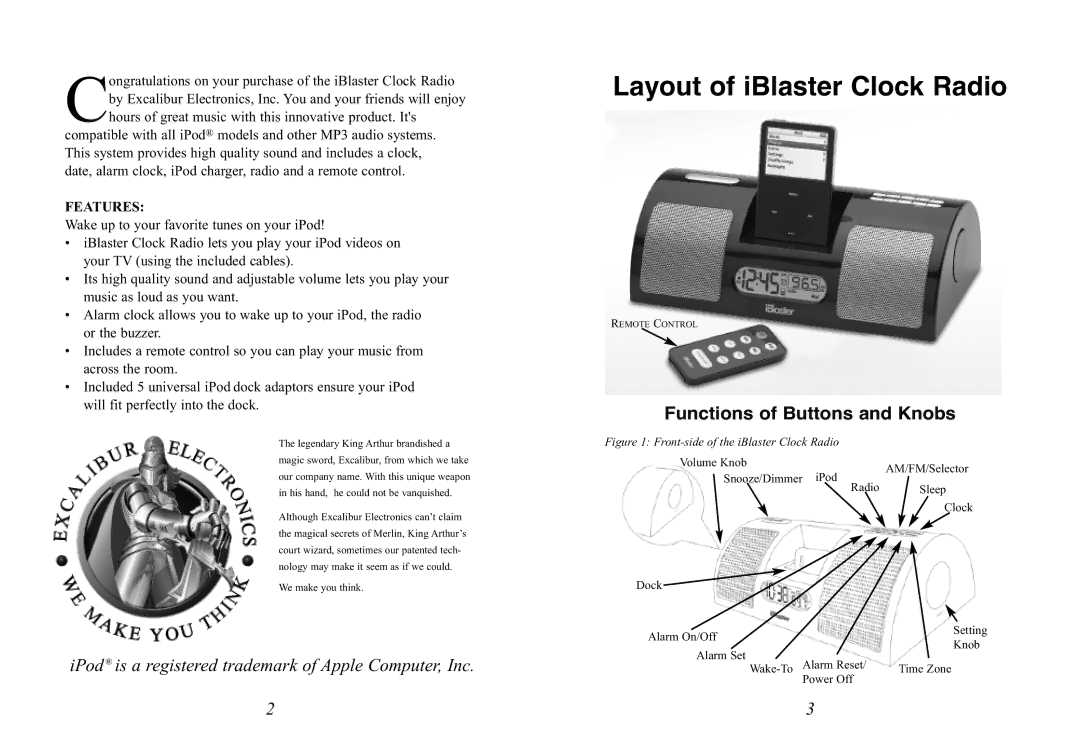 Excalibur electronic 187BK manual Layout of iBlaster Clock Radio 