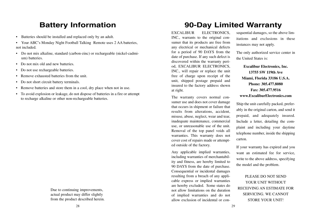 Excalibur electronic 201 manual Battery Information Day Limited Warranty 