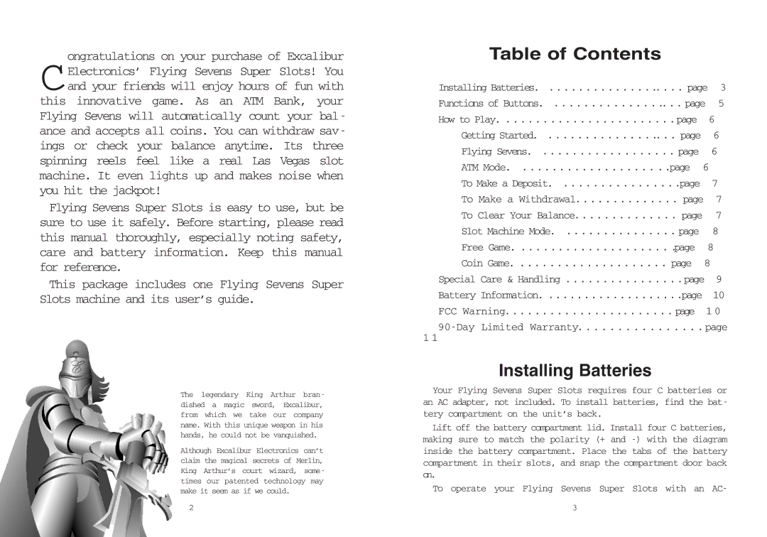 Excalibur electronic 2070-1 manual Table of Contents, Installing Batteries 