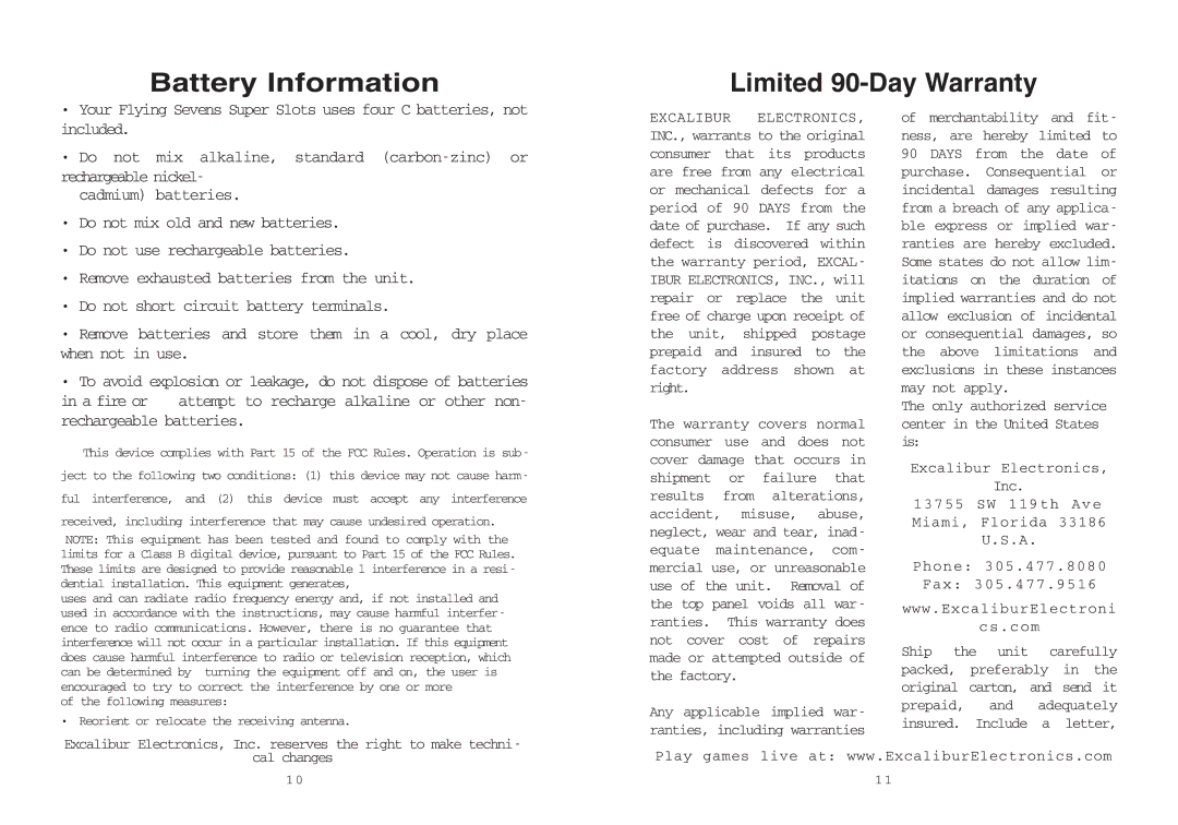 Excalibur electronic 2070-1 manual Battery Information, Limited 90-Day Warranty 