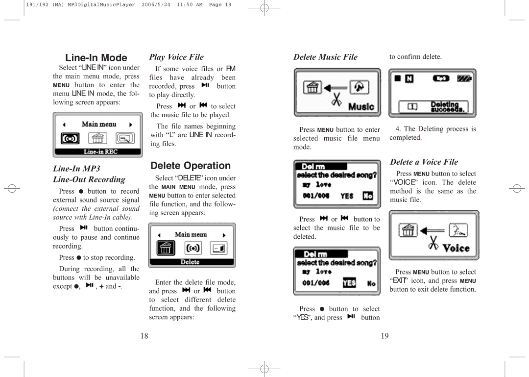 Excalibur electronic 192, 256, 191, 512 Line-In Mode, Delete Operation, Delete Music File, Line-In MP3 Line-Out Recording 