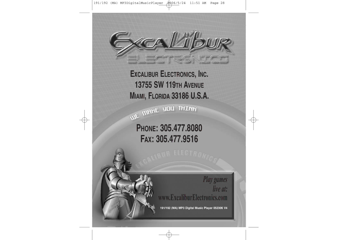 Excalibur electronic 512, 256, 191, 192 manual Phone FAX 