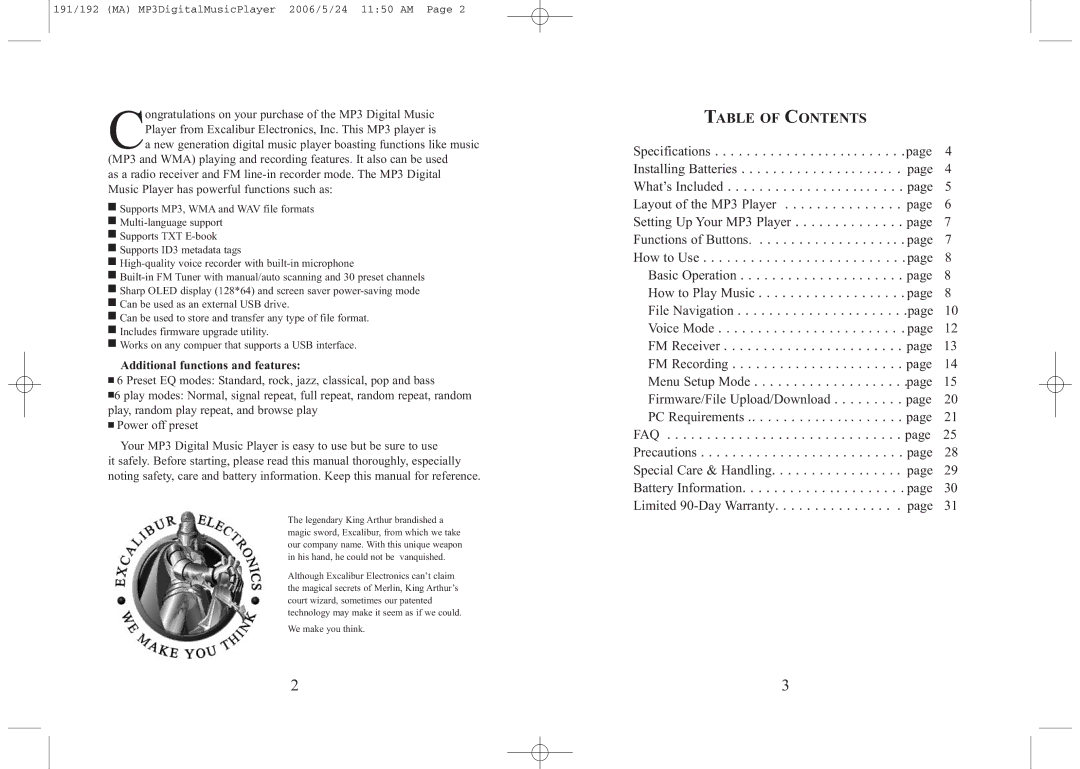 Excalibur electronic 192, 256, 191, 512 manual Table of Contents 