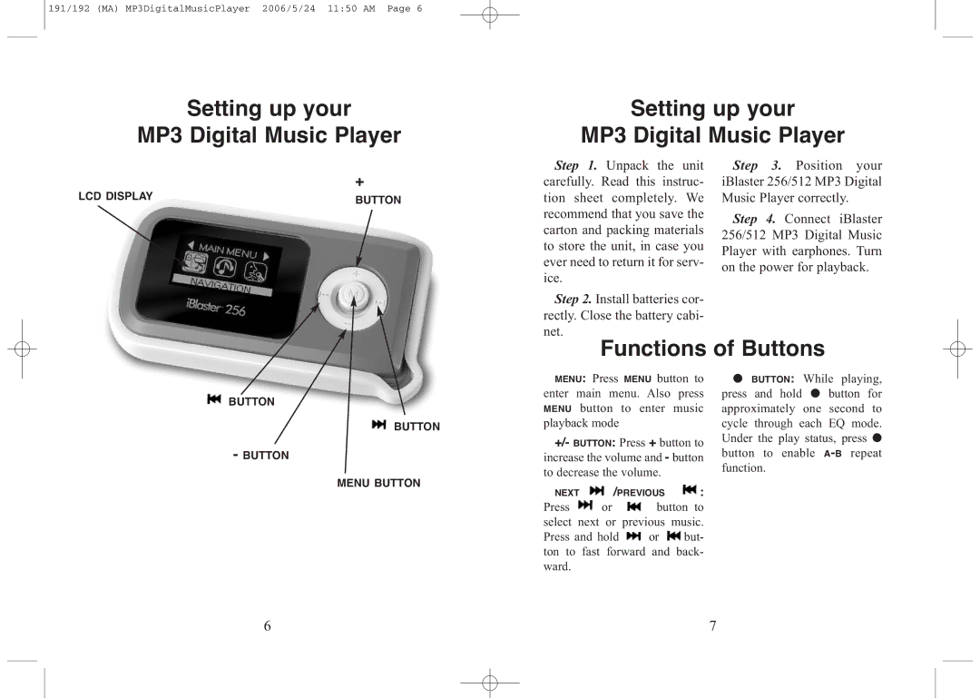 Excalibur electronic 256, 191, 192, 512 manual Setting up your MP3 Digital Music Player, Functions of Buttons 