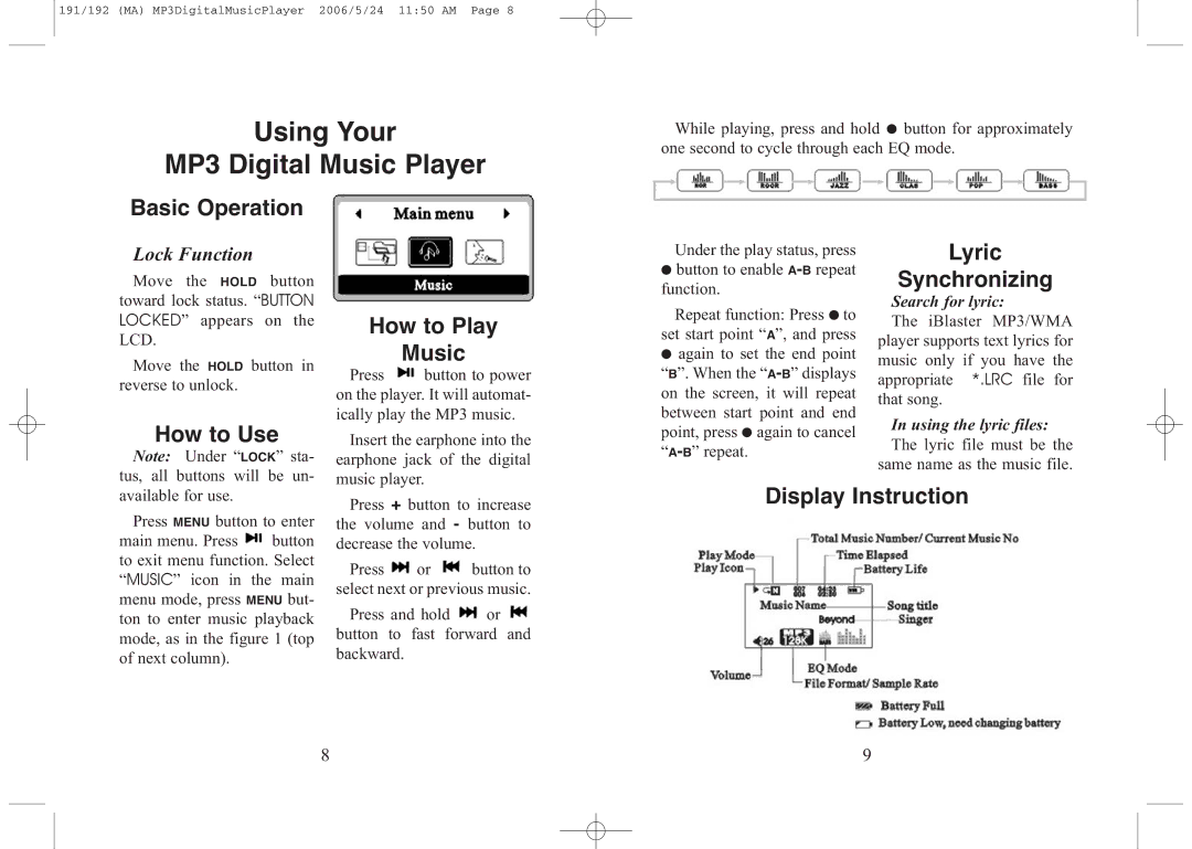 Excalibur electronic 191, 256, 192, 512 manual Using Your MP3 Digital Music Player 