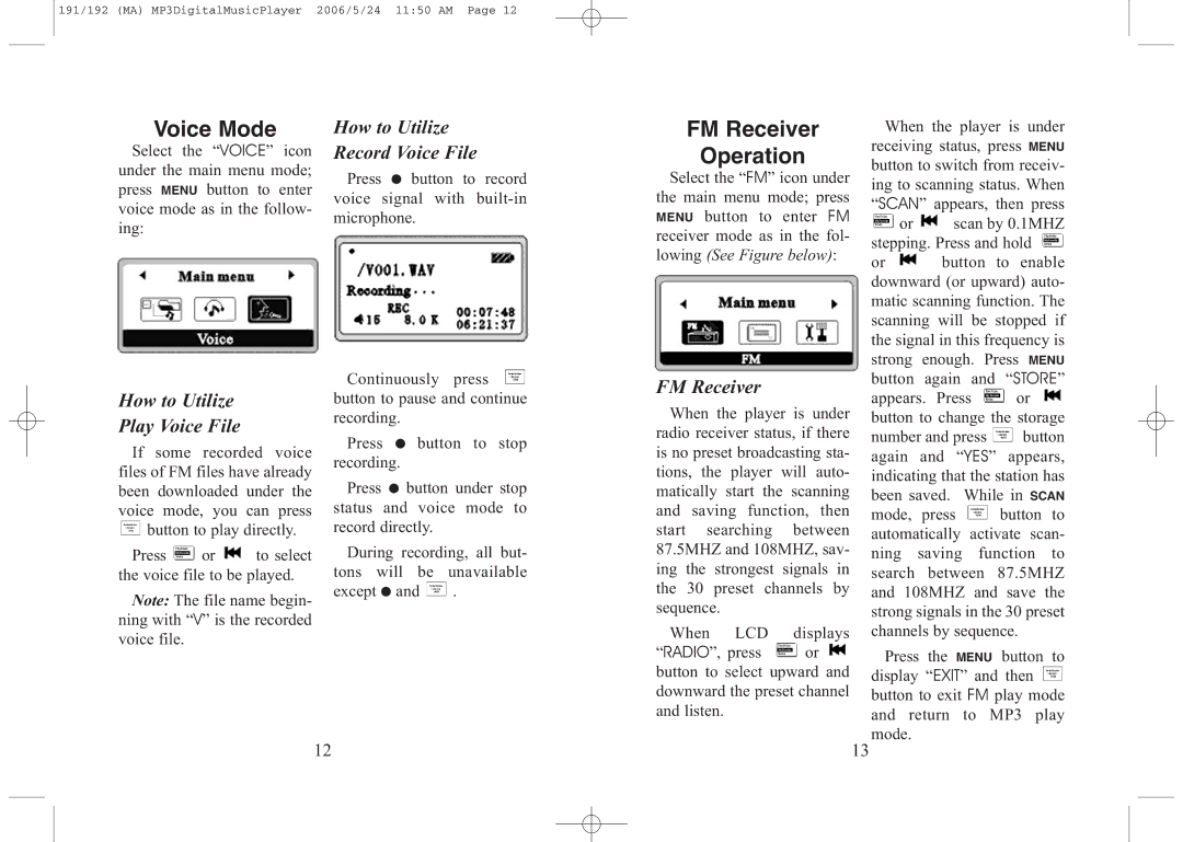 Excalibur electronic 512, 256, 191, 192 manual Voice Mode, FM Receiver Operation, How to Utilize Play Voice File 