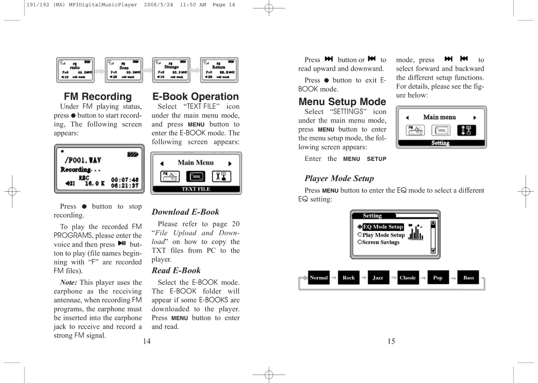 Excalibur electronic 256 FM Recording E-Book Operation, Menu Setup Mode, Player Mode Setup, Download E-Book, Read E-Book 