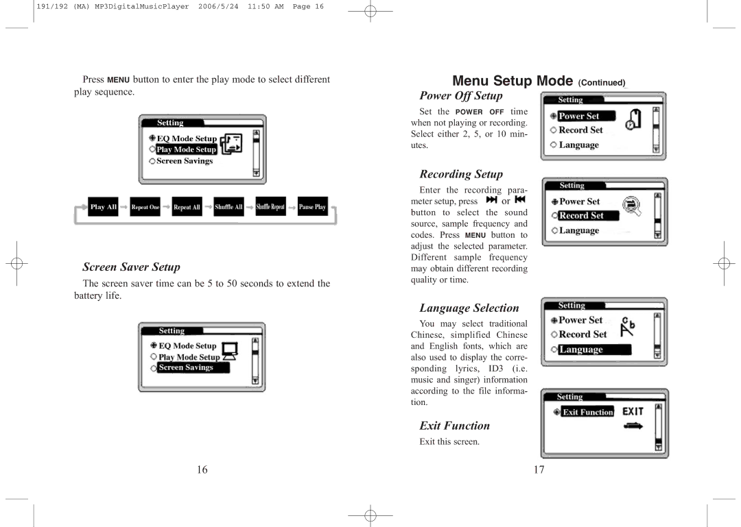 Excalibur electronic 191, 256, 192 Screen Saver Setup, Power Off Setup, Recording Setup, Language Selection, Exit Function 