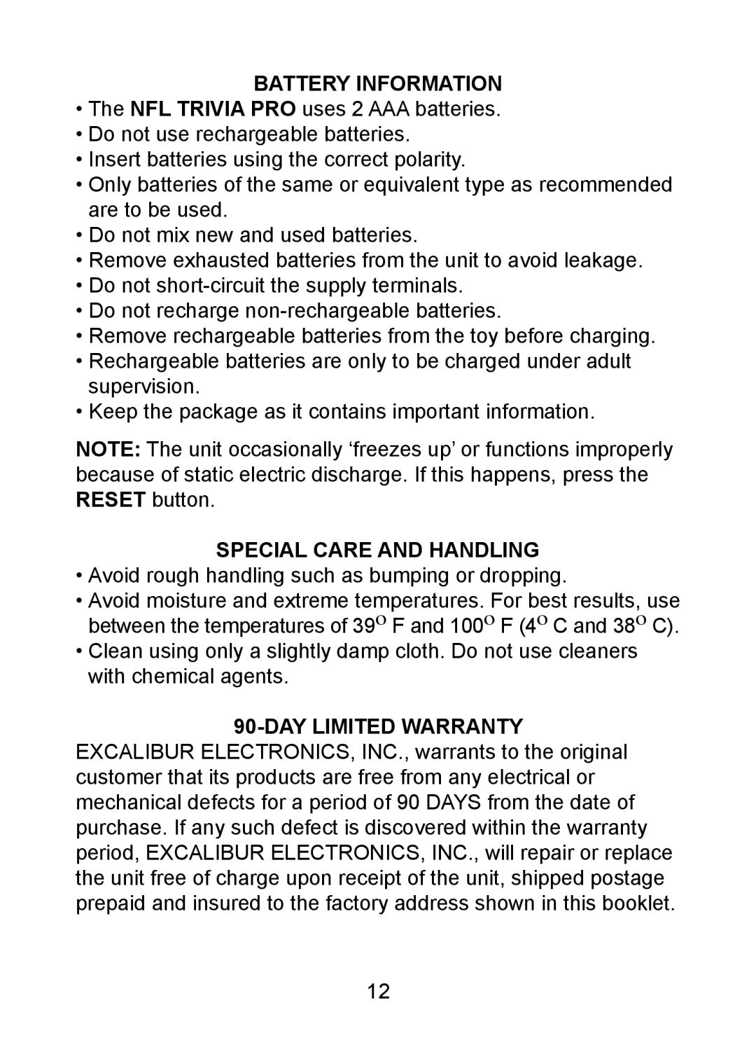 Excalibur electronic 330 manual Battery Information, Special Care and Handling 