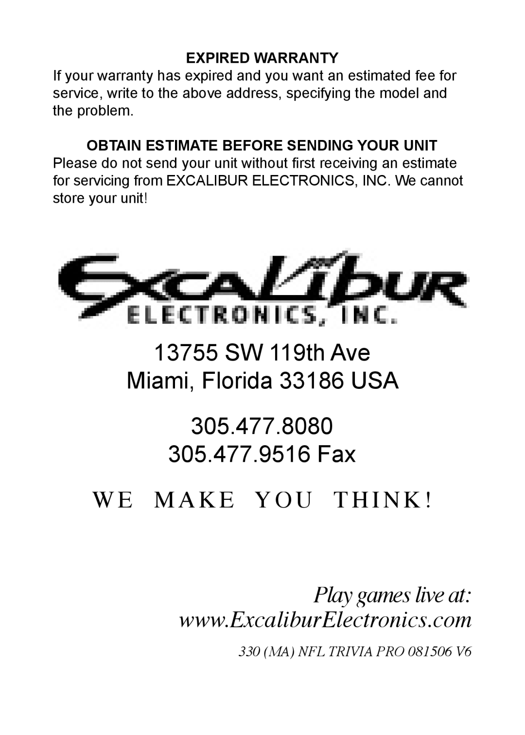 Excalibur electronic 330 manual Expired Warranty 