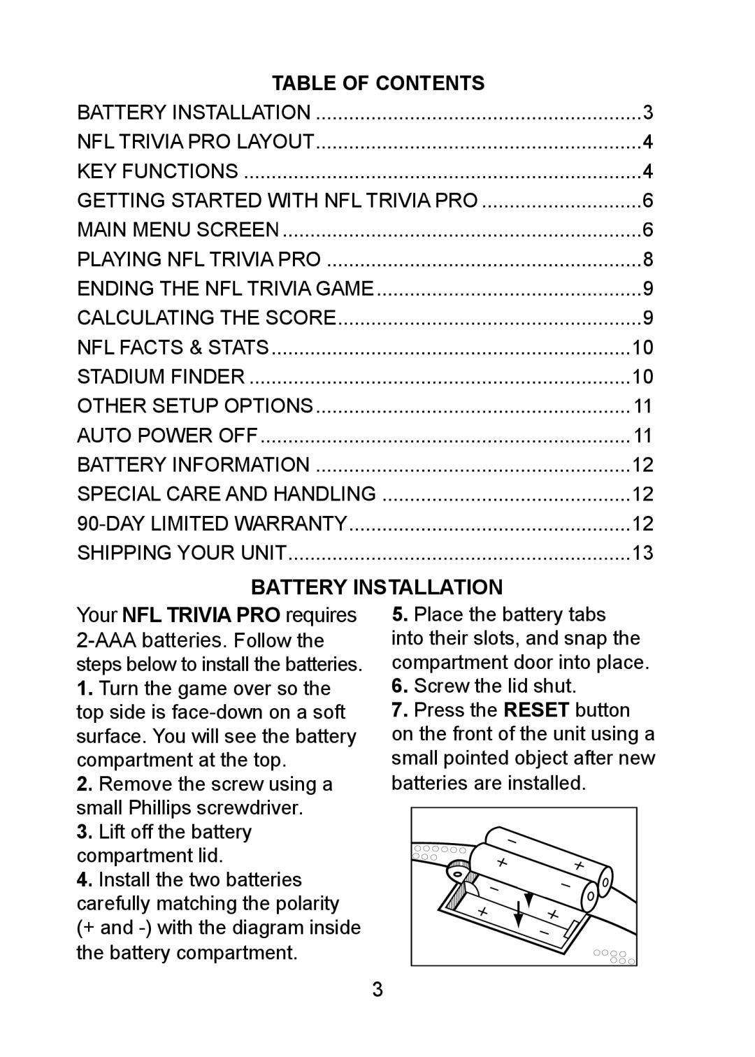 Excalibur electronic 330 manual Table of Contents, Battery Installation 