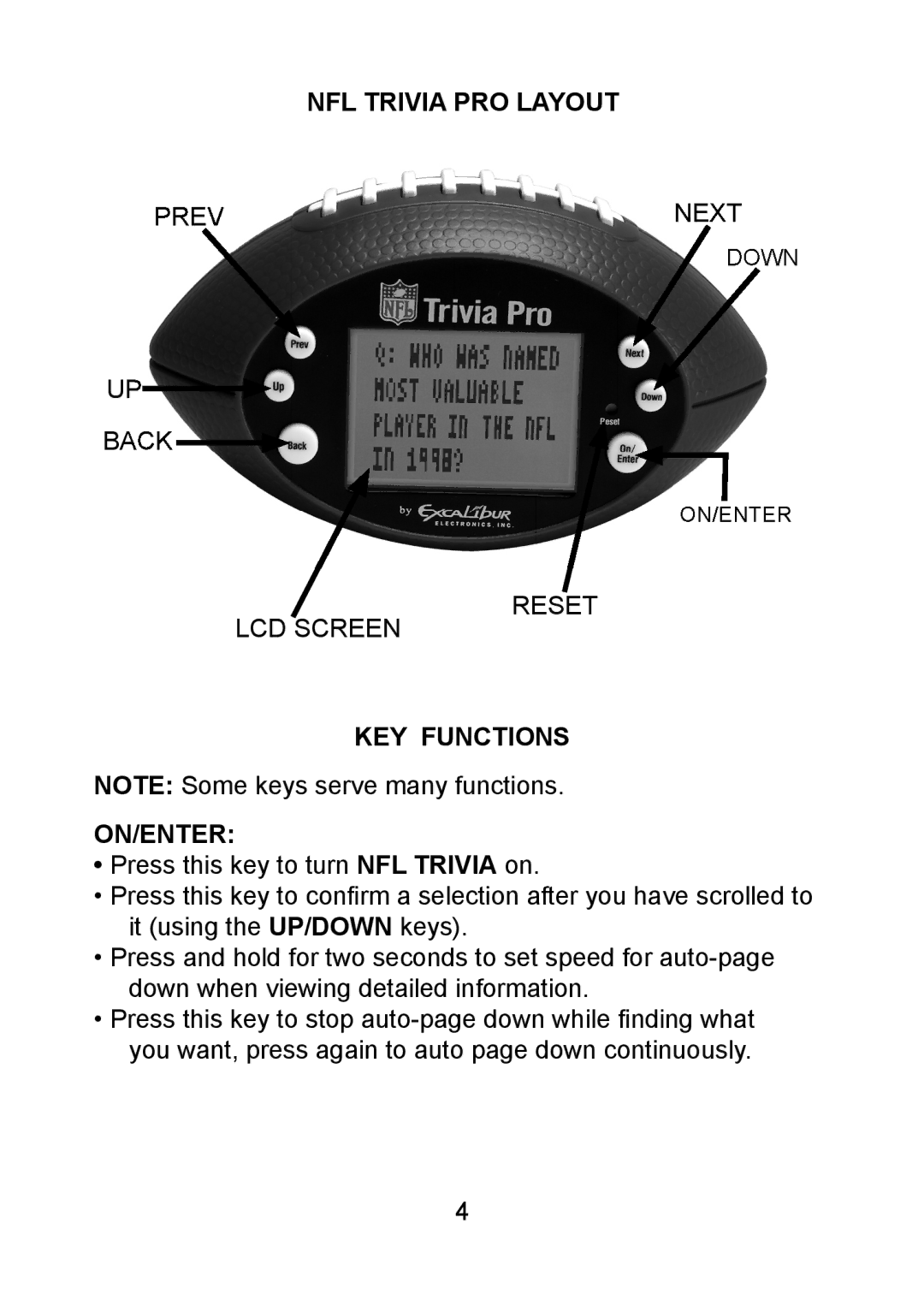 Excalibur electronic 330 manual NFL Trivia PRO Layout, KEY Functions ON/ENTER 