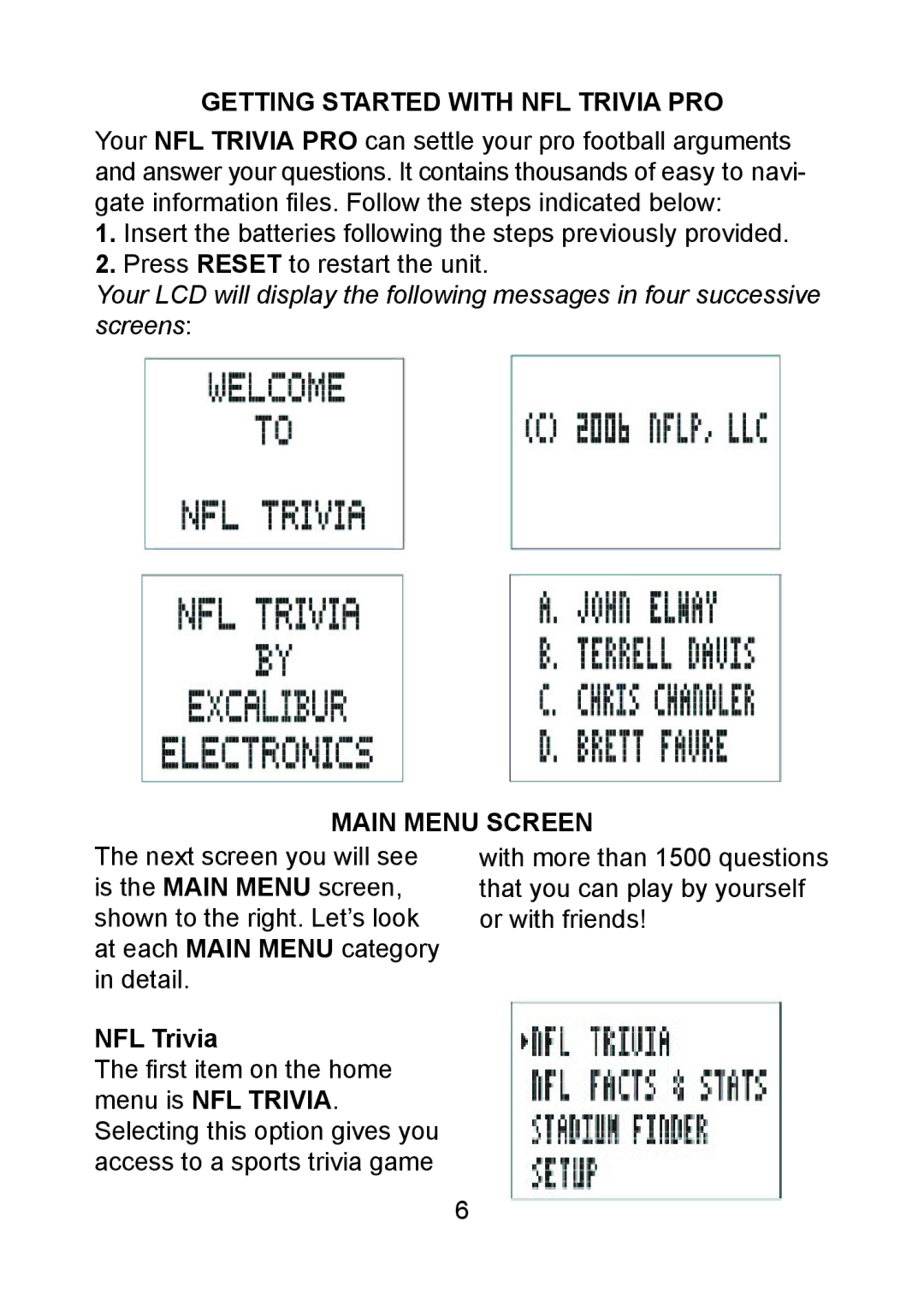 Excalibur electronic 330 manual Getting Started with NFL Trivia PRO, Main Menu Screen 