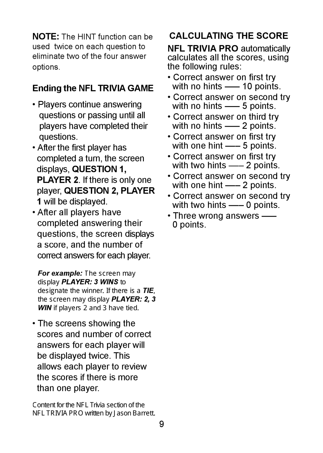 Excalibur electronic 330 manual Ending the NFL Trivia Game, Calculating the Score 