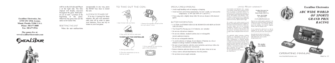 Excalibur electronic 335 warranty Special Care & Handling, Battery Information 