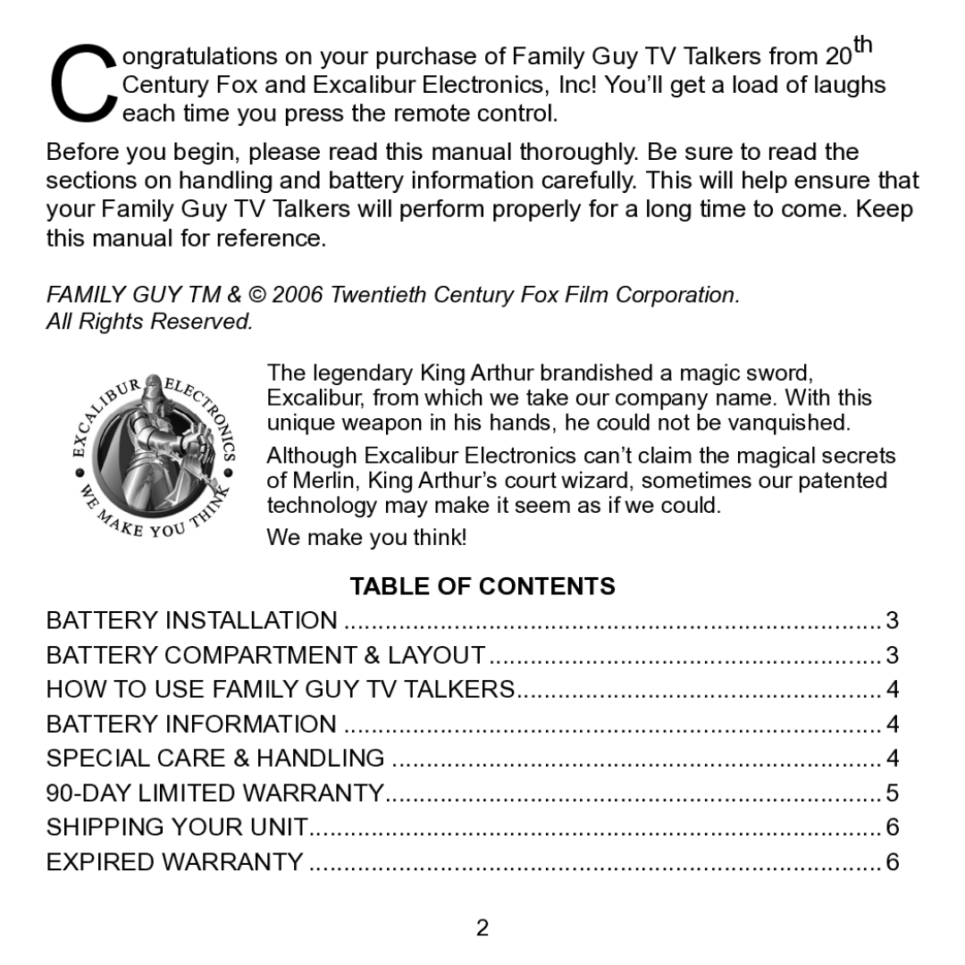 Excalibur electronic 344 manual Table of Contents 