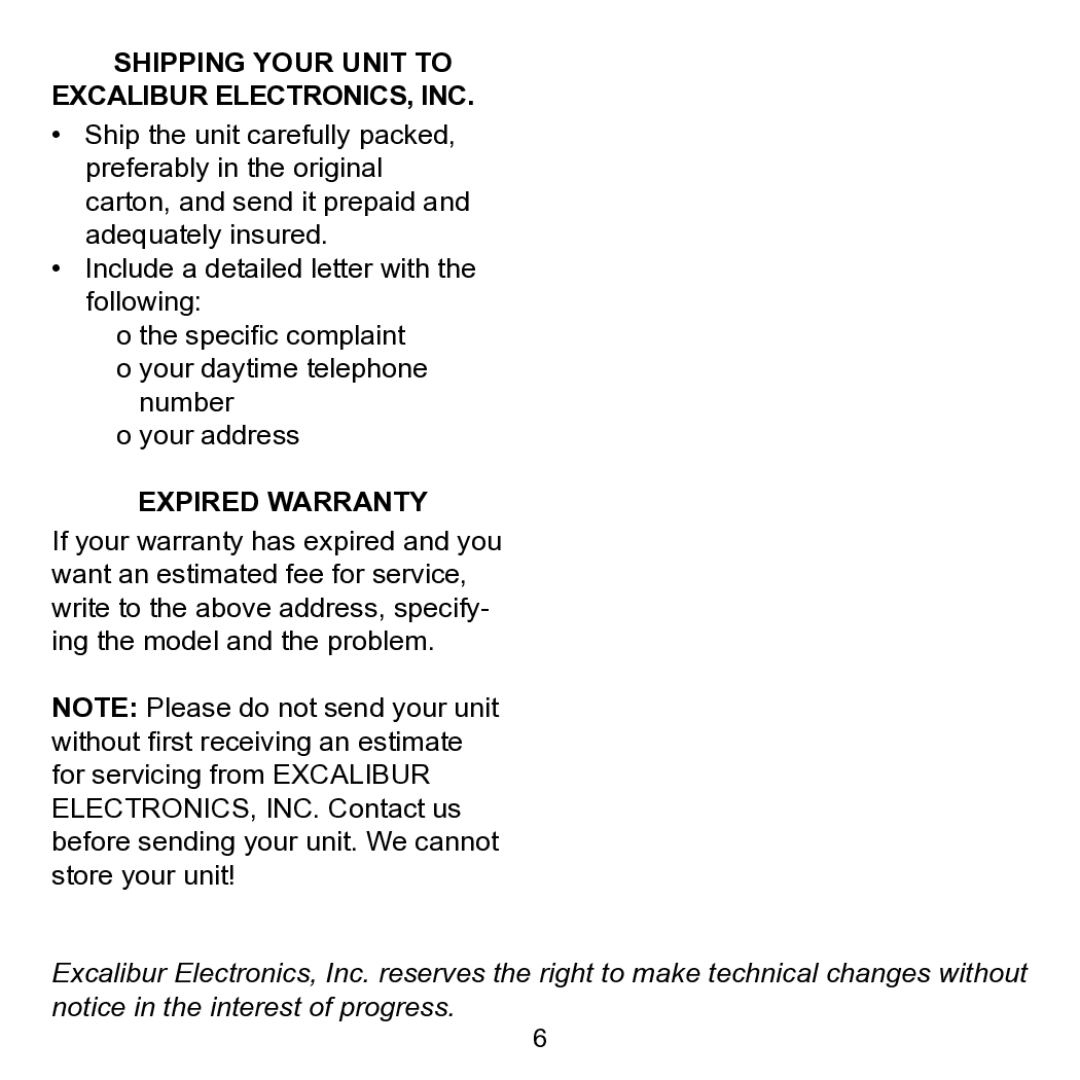 Excalibur electronic 344 manual Shipping Your Unit to Excalibur ELECTRONICS, INC, Expired Warranty 