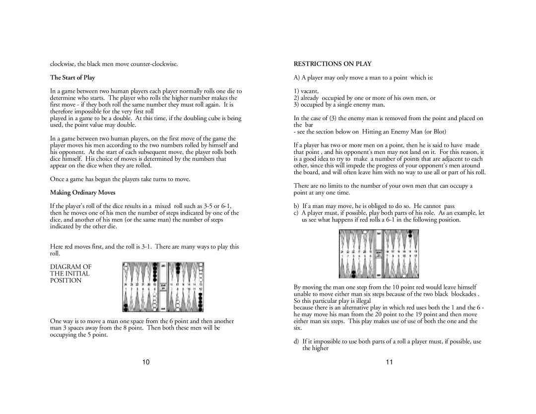 Excalibur electronic 366E-2 user manual Start of Play, Making Ordinary Moves, Restrictions on Play 