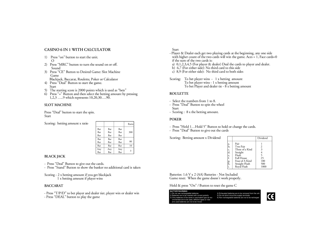 Excalibur electronic 368E user manual Casino 6 in 1 with Calculator 