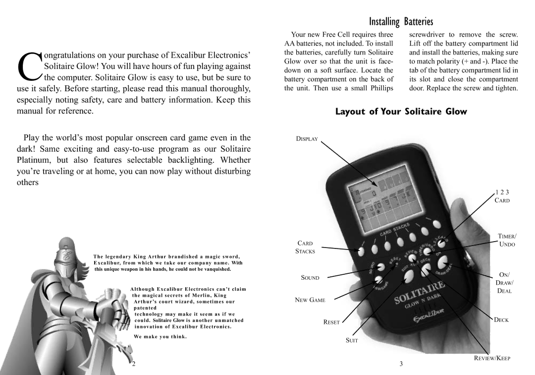 Excalibur electronic 370G manual Installing, Batteries, Layout of Your Solitaire Glow 