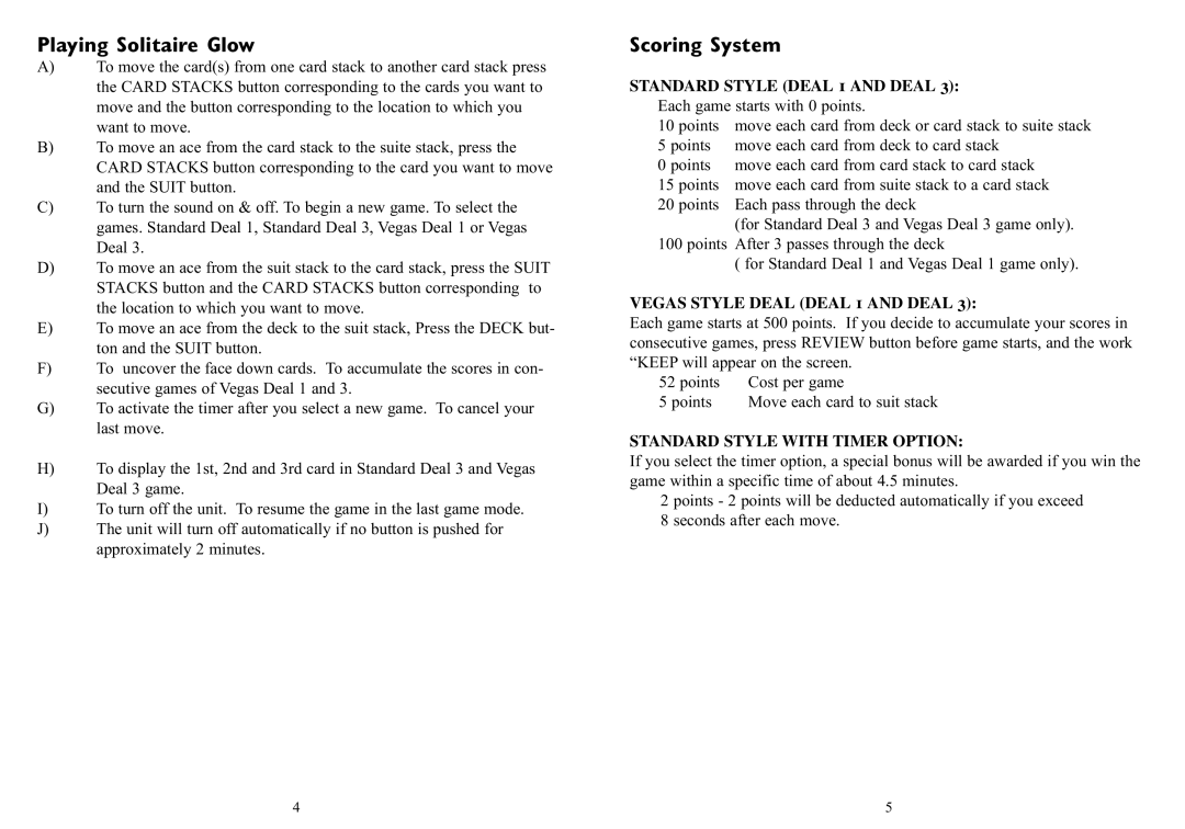 Excalibur electronic 370G manual Playing Solitaire Glow, Scoring System 