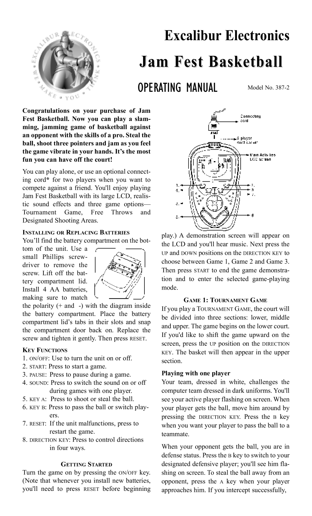 Excalibur electronic 387-2 manual Jam Fest Basketball, Operating Manual 