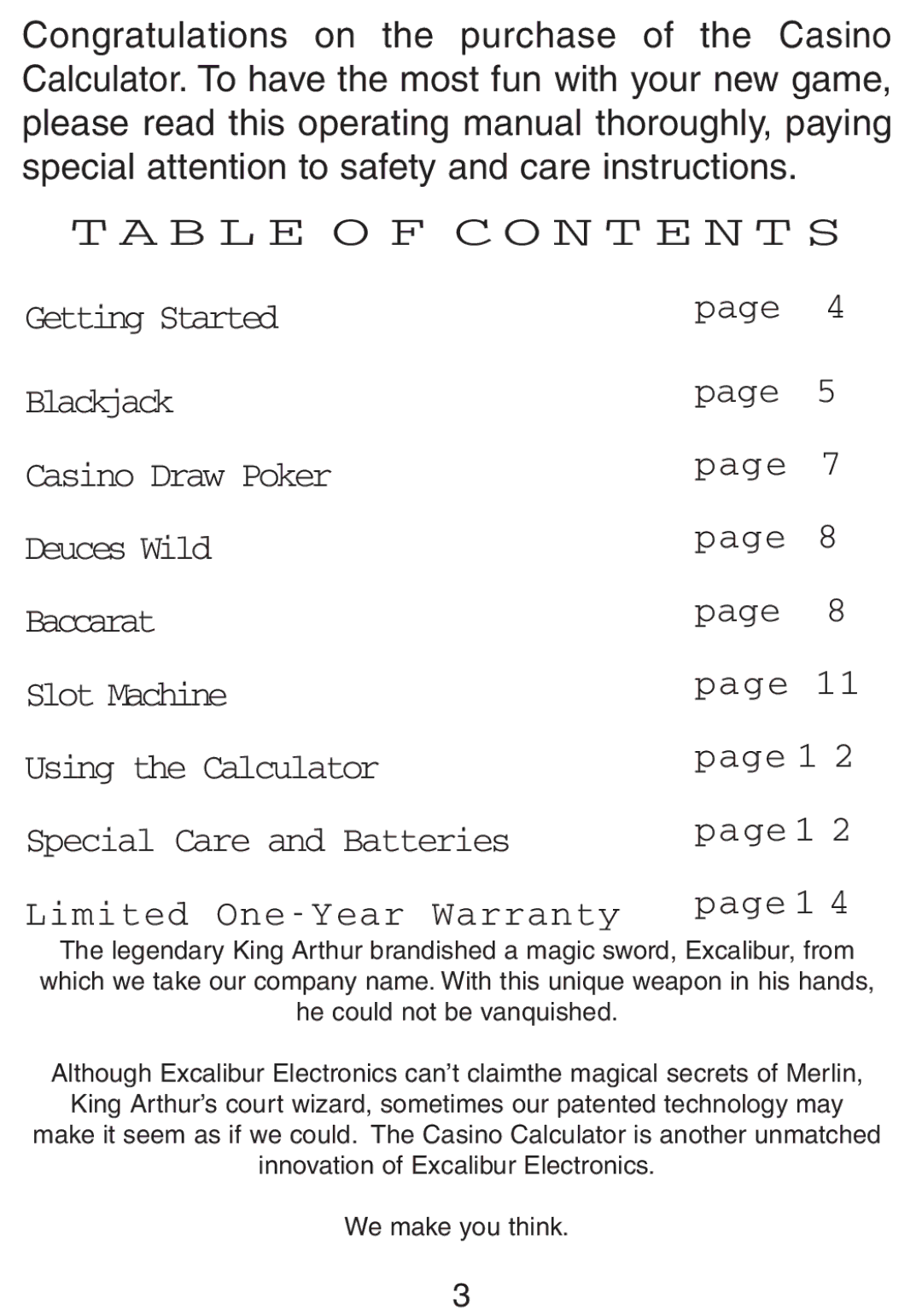 Excalibur electronic 394-P-CS-WSOP manual B L E O F C O N T E N T S 