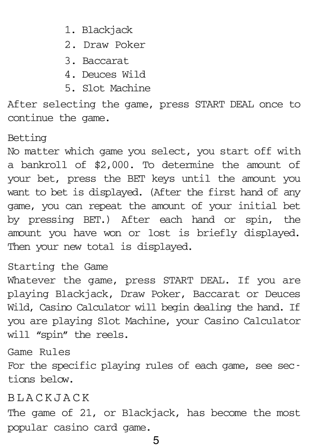 Excalibur electronic 394-P-CS-WSOP manual A C K J a C K, Starting the Game 