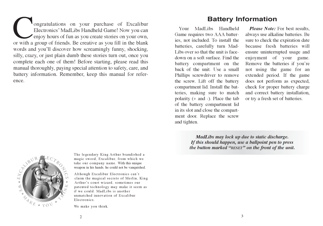 Excalibur electronic 398 manual Battery Information 