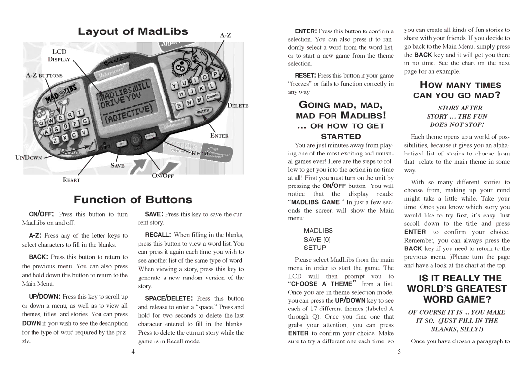 Excalibur electronic 398 manual Layout of MadLibs, Function of Buttons, HOW Many Times can YOU GO MAD? 