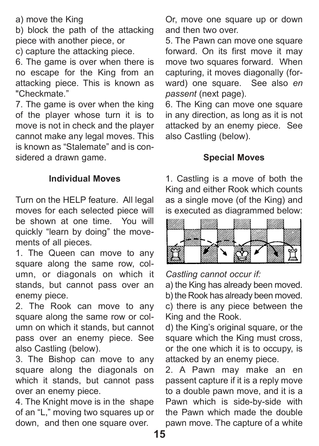 Excalibur electronic 404-2 manual Special Moves, Individual Moves, Castling cannot occur if 