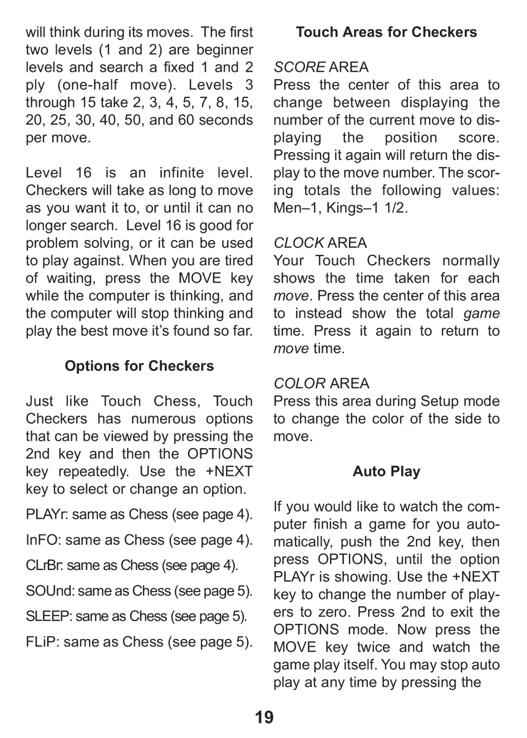 Excalibur electronic 404-2 manual Options for Checkers, Touch Areas for Checkers 