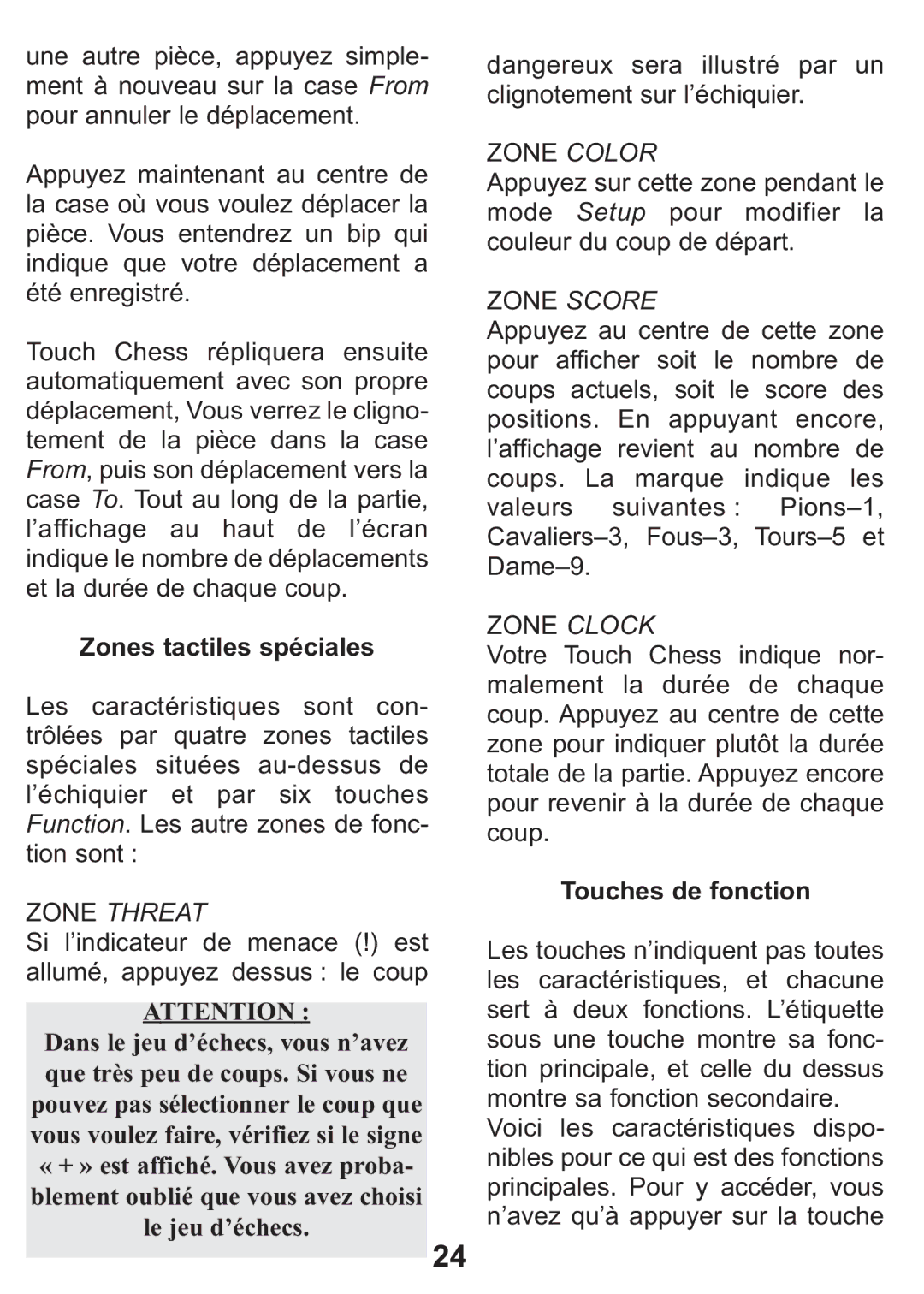 Excalibur electronic 404-2 manual Zones tactiles spéciales, Zone Color, Zone Score, Zone Clock, Touches de fonction 