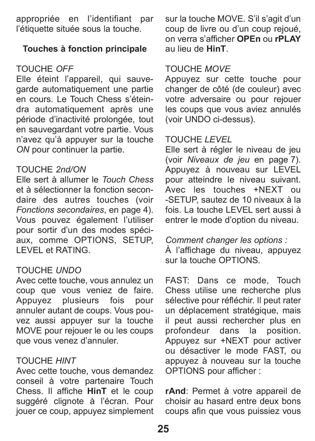 Excalibur electronic 404-2 manual Touches à fonction principale, Niveaux de jeu en, Fonctions secondaires, en, HinT 