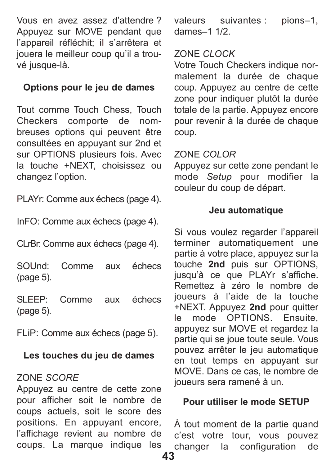 Excalibur electronic 404-2 manual Zone, Options pour le jeu de dames, Setup, Sleep, Les touches du jeu de dames 