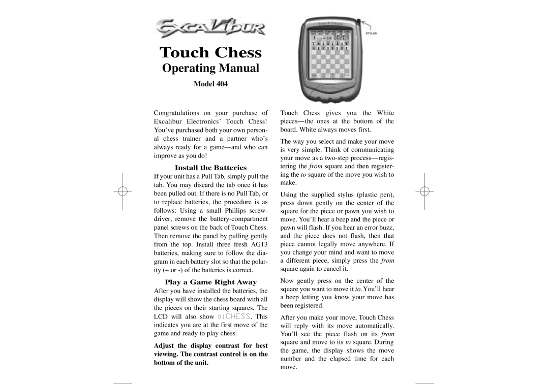 Excalibur electronic 404 manual Install the Batteries, Play a Game Right Away 