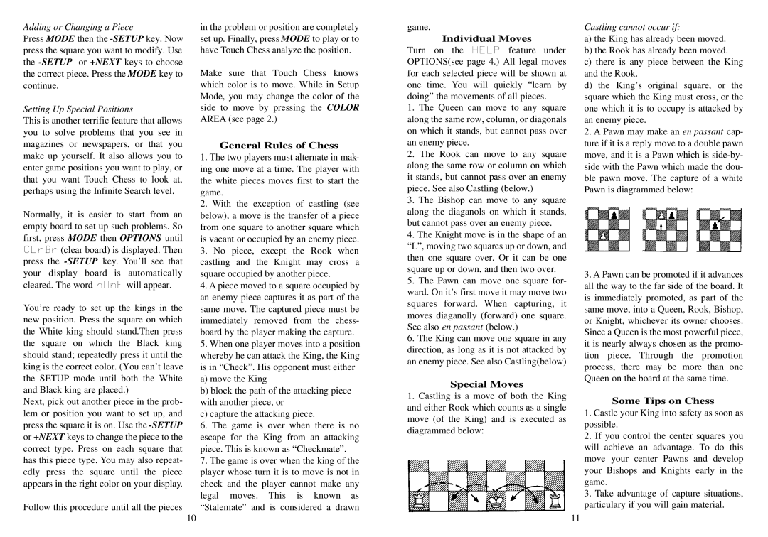 Excalibur electronic 404 manual General Rules of Chess, Individual Moves, Special Moves, Some Tips on Chess 