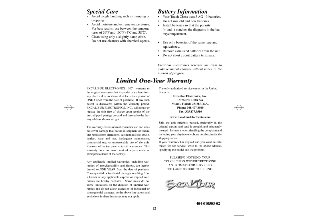 Excalibur electronic manual Special Care, 404-010503-02 