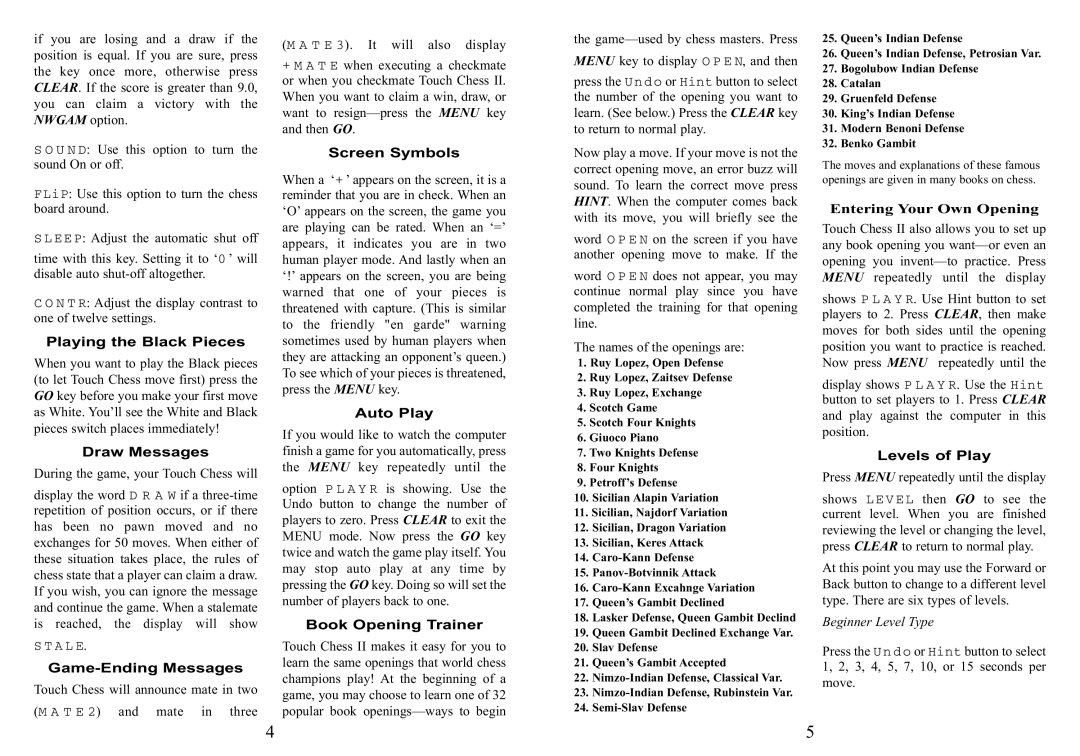 Excalibur electronic 404ET-CC Screen Symbols, Playing the Black Pieces, Auto Play, Draw Messages, Book Opening Trainer 